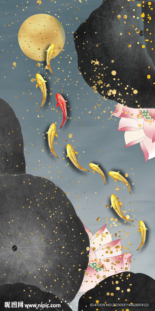 新中式九鱼图装饰画