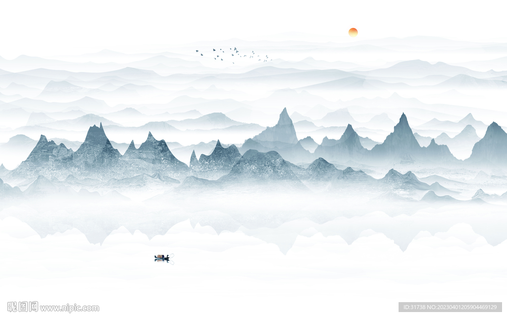 客厅灰色水墨山水画背景墙