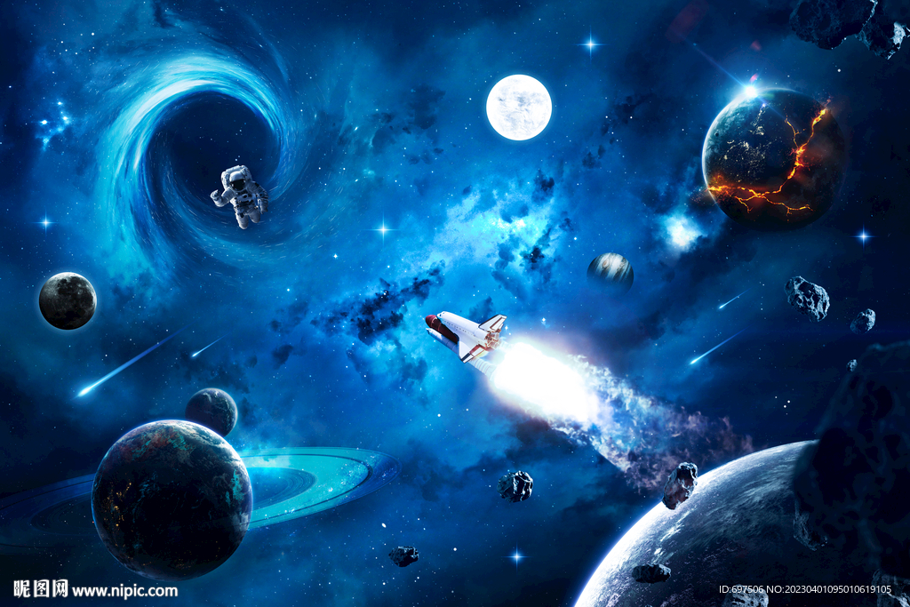 蓝色宇宙星球火箭黑洞银河系背景