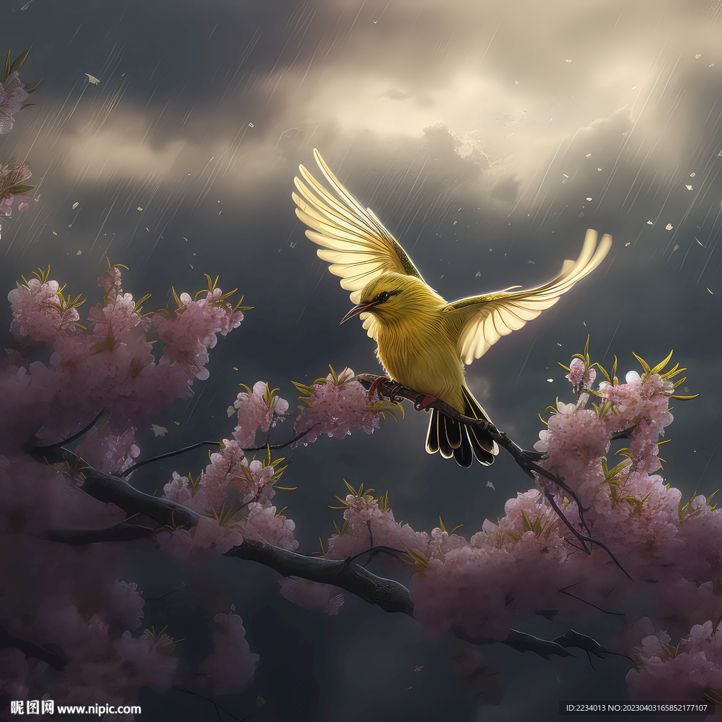 黄鹂鸟雨中振翅