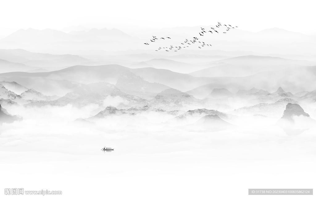 中式水墨山水画电视背景墙