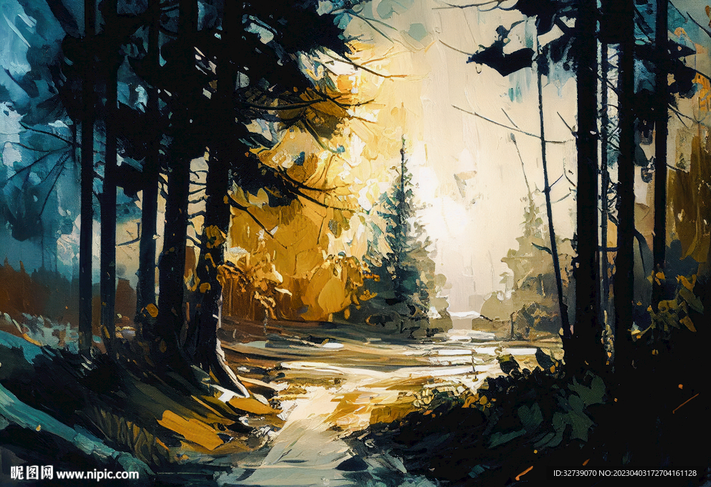 当代油画 林间小溪