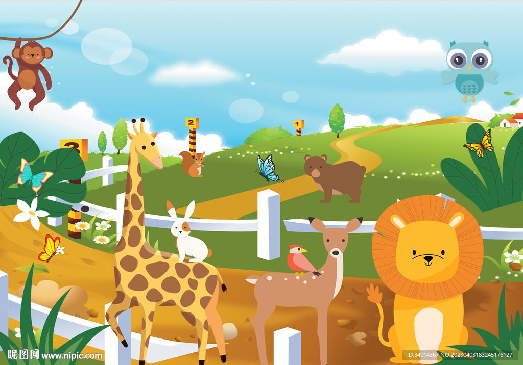 卡通长颈鹿狮子兔子背景