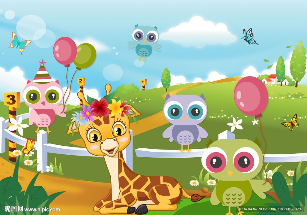 卡通长颈鹿猫头鹰儿童房背景