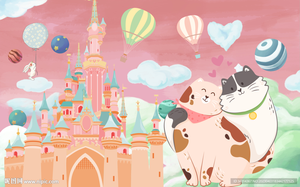 卡通情侣猫城堡背景