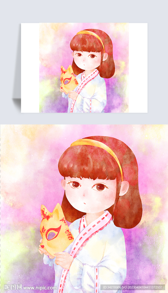 水彩风格女孩手拿面具手绘插画