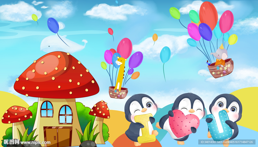 卡通企鹅儿童房背景墙