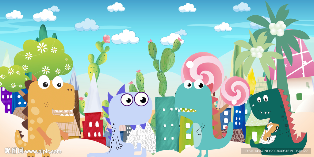 矢量卡通恐龙儿童房背景