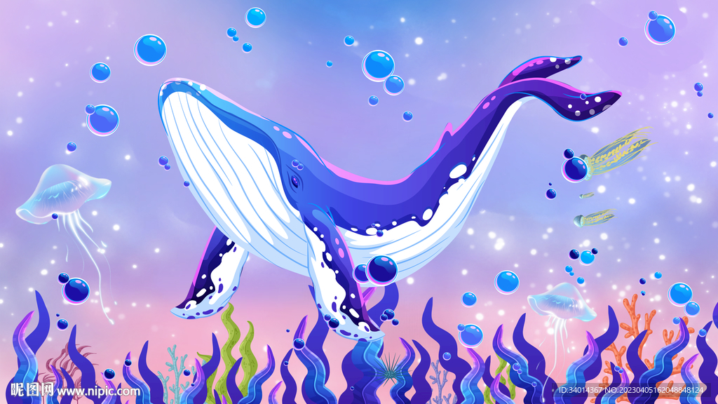 卡通鲸鱼蓝色背景墙