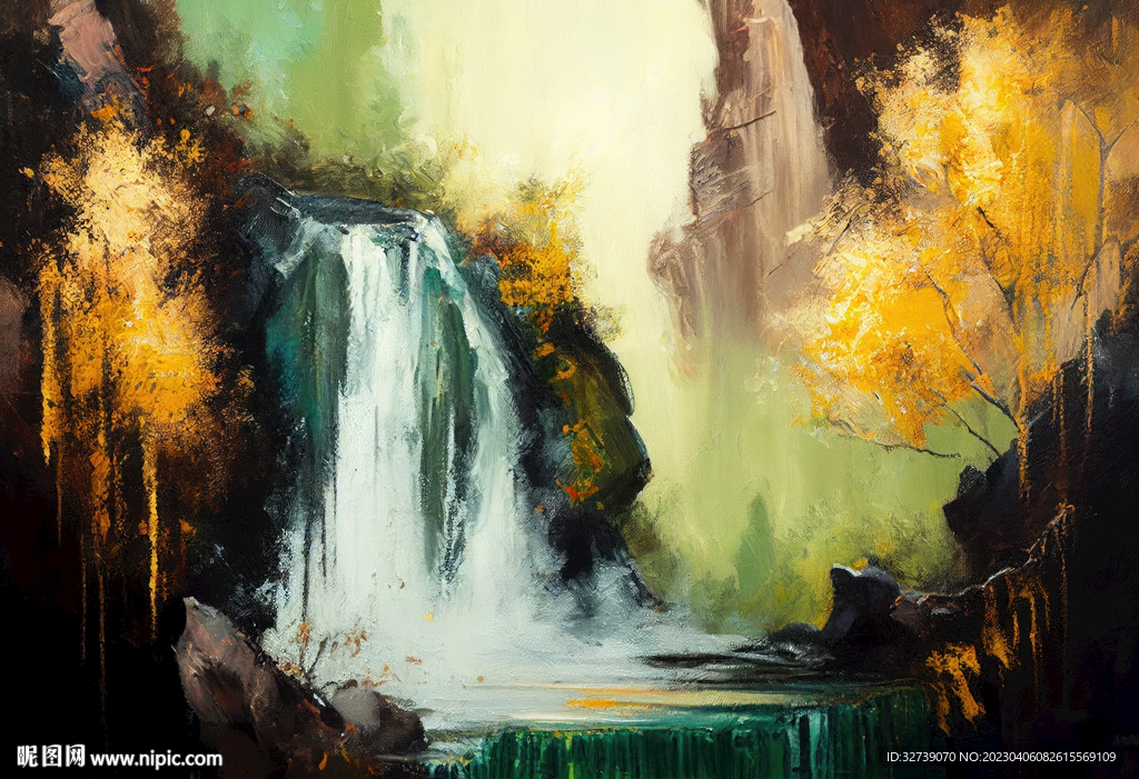 当代油画 山间流瀑