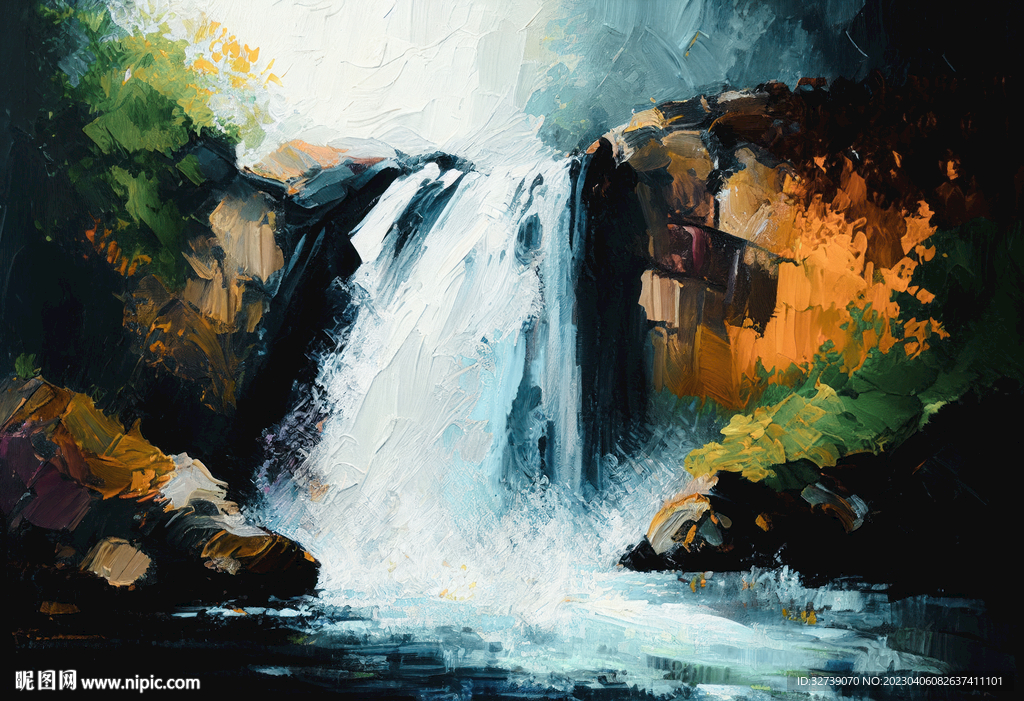 当代油画 山间流瀑