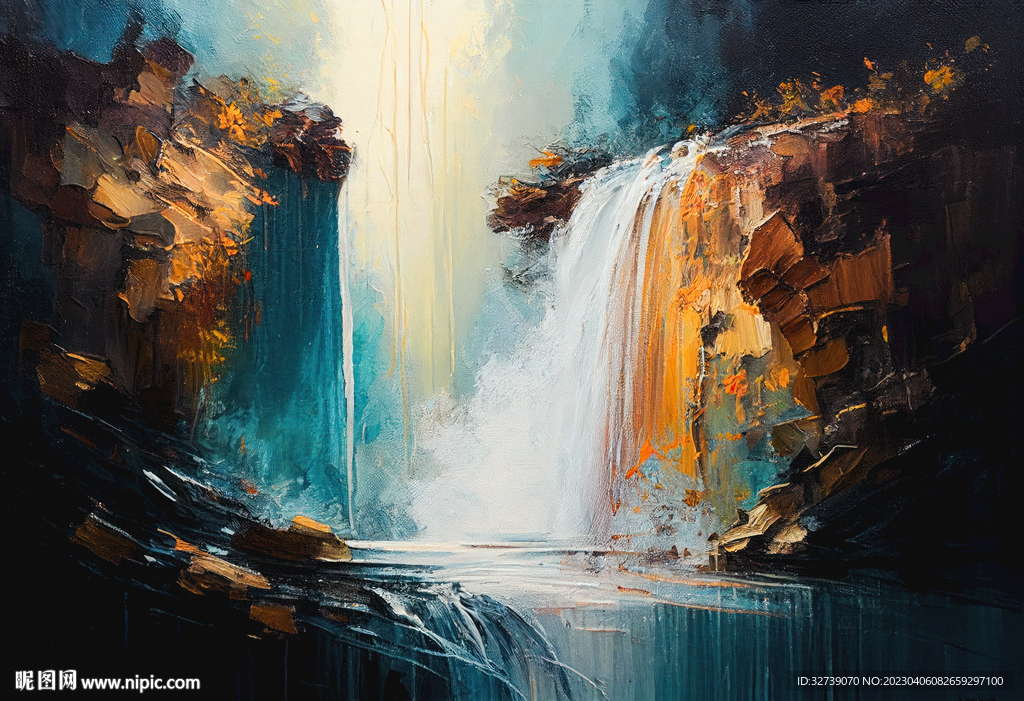 当代油画 山间流瀑
