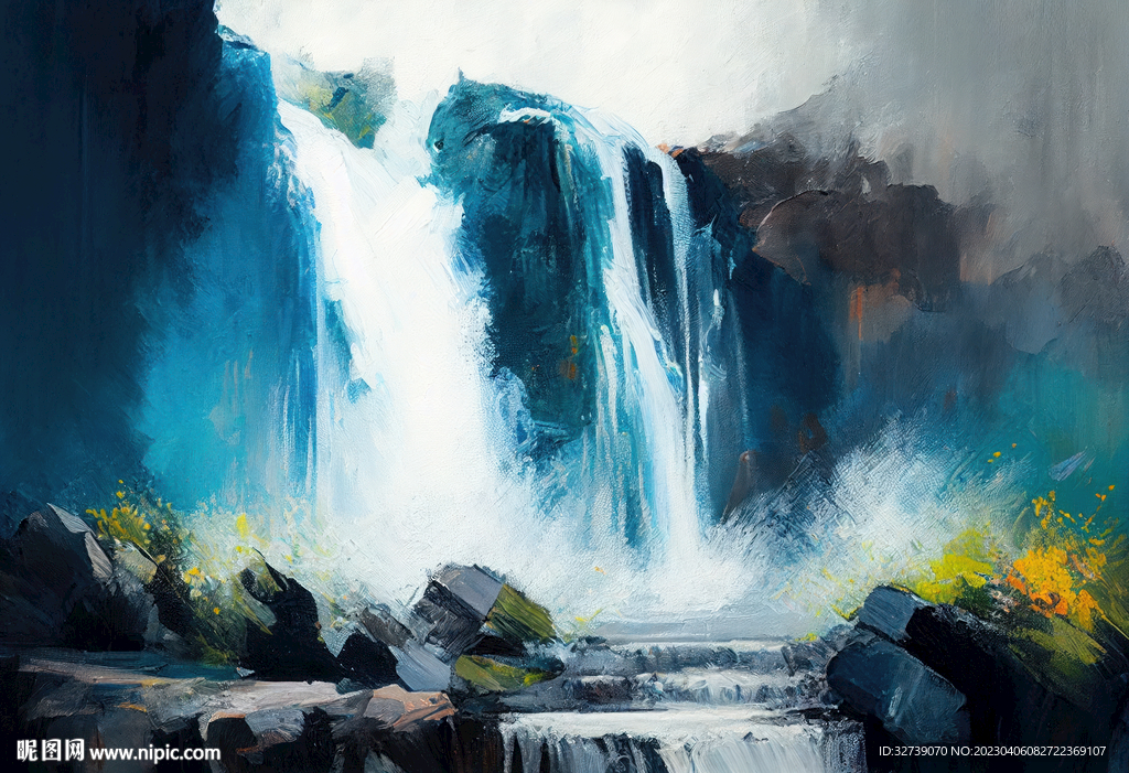 当代油画 山间流瀑