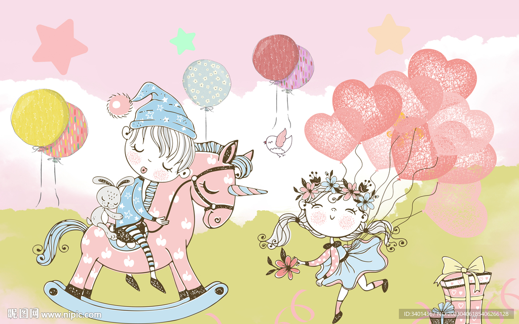 卡通儿童房少女背景墙