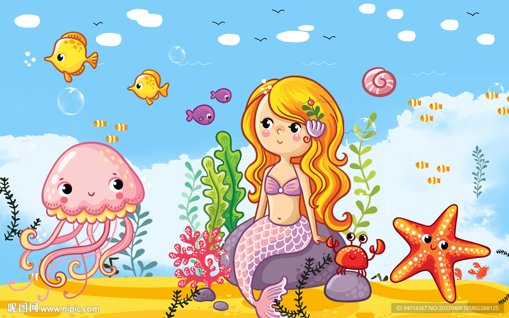 卡通美人鱼章鱼背景墙