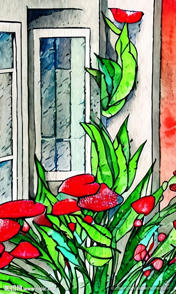 手绘水彩风格雨中城市景观建筑