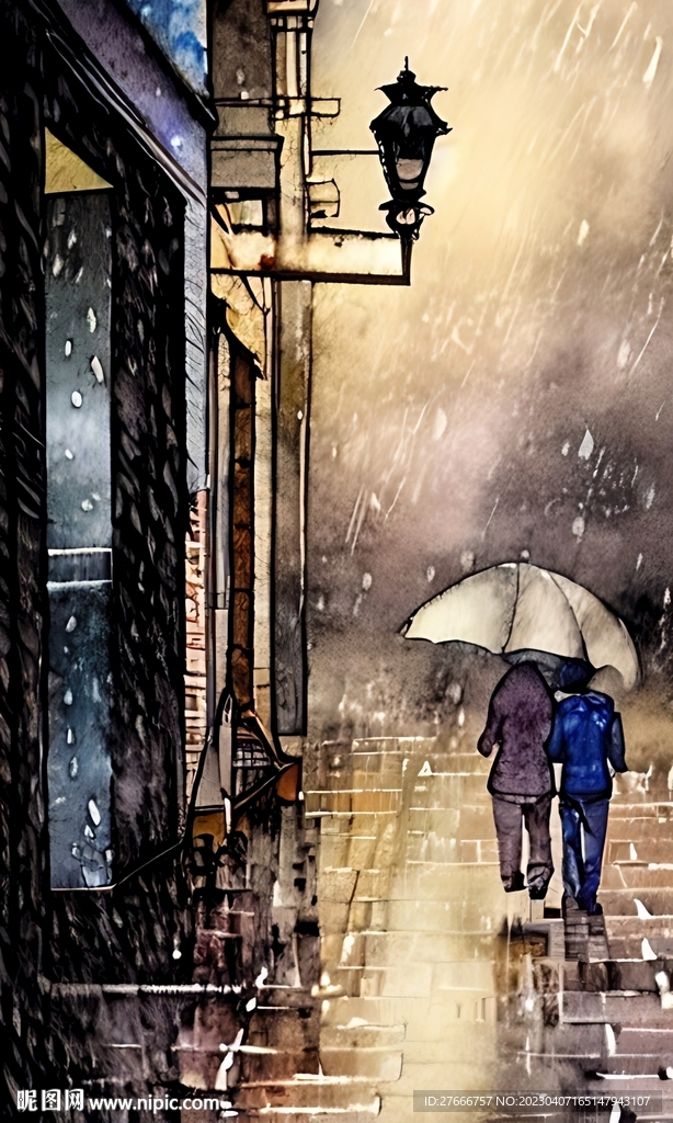 手绘水彩风格雨中城市景观建筑