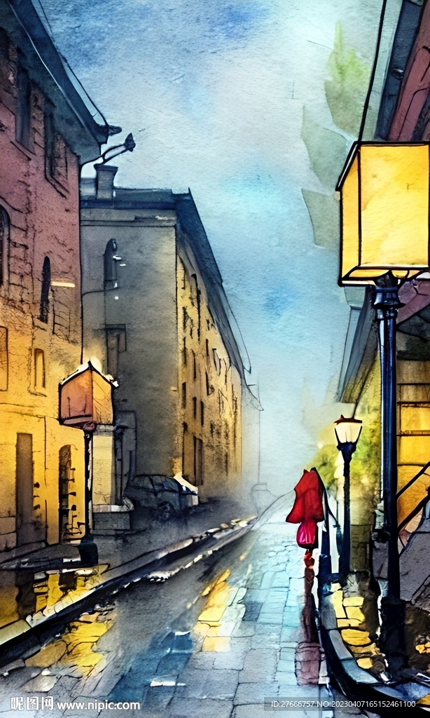 手绘水彩风格雨中城市景观建筑