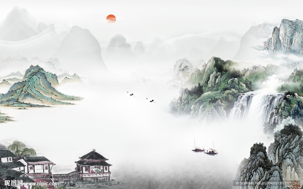 现代 别墅山水背景 TIf分层