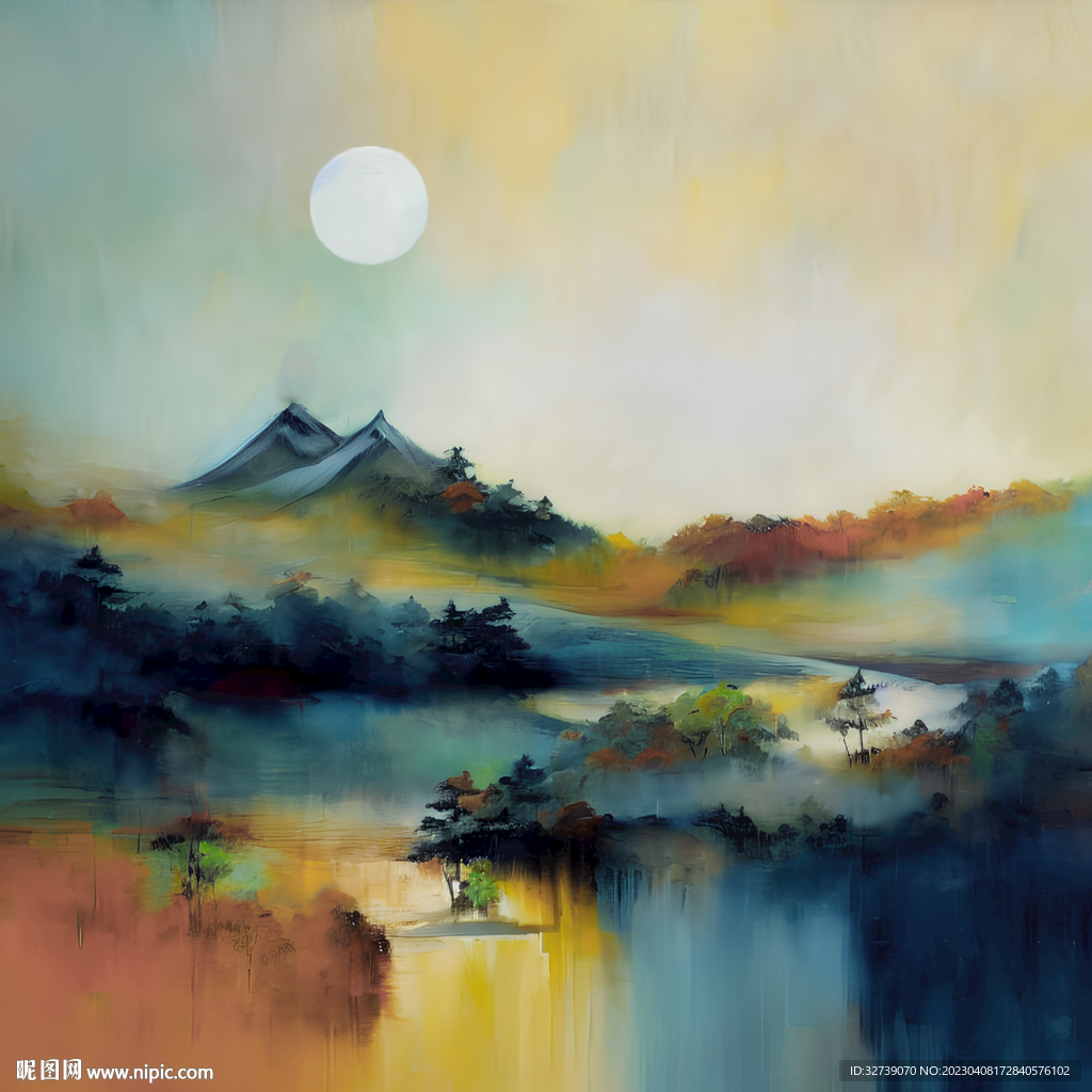 油画 山川月明
