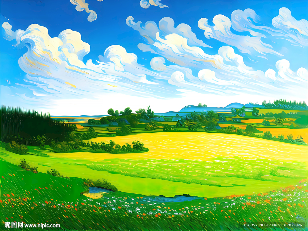 蓝天白云田园风光梵高风格油画