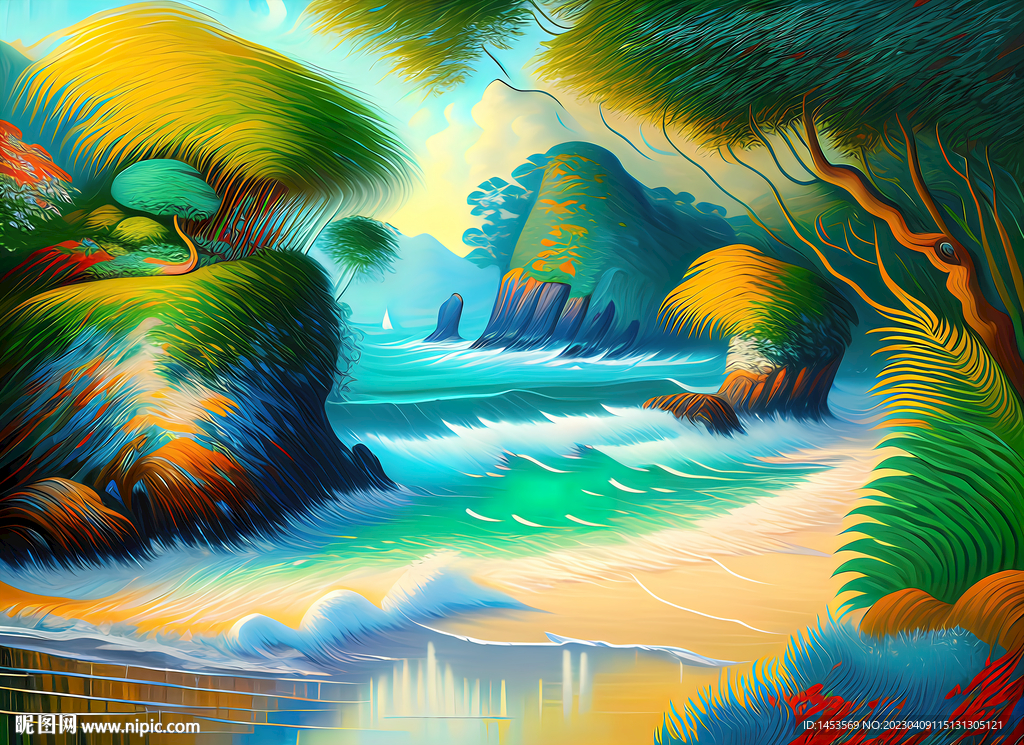 海边风景梵高风海滩油画