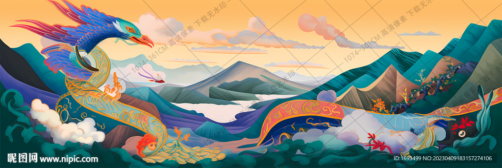 国潮风山水复古插图墙绘装饰画