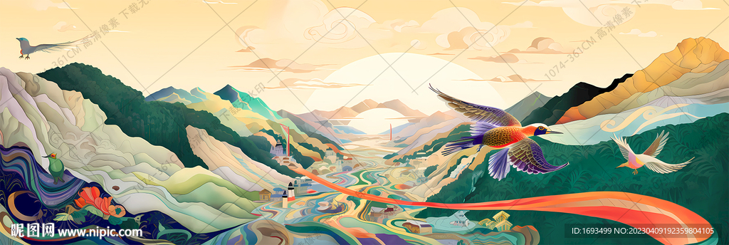 国潮手绘山水画