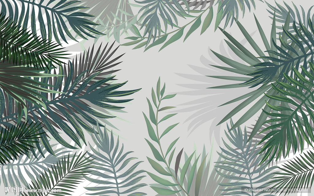 热带植物清新雨林棕榈叶背景墙