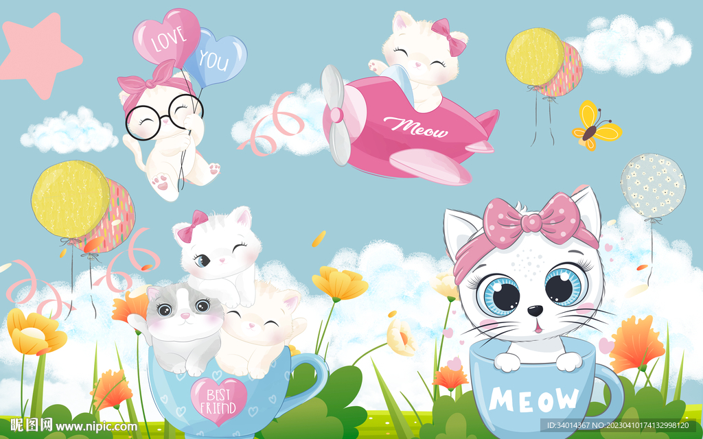 儿童房可爱卡通猫背景