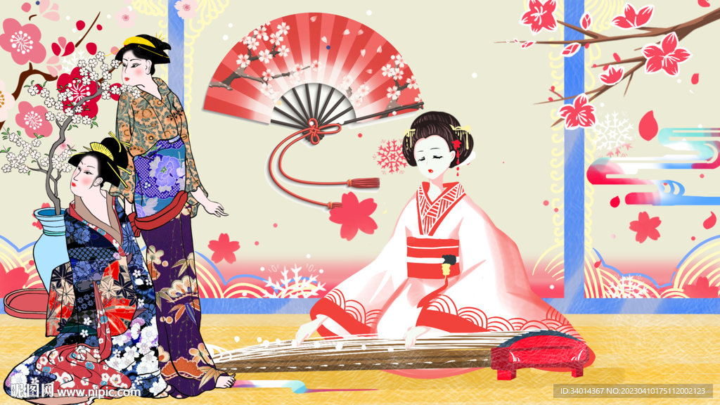 日本美女插画背景墙