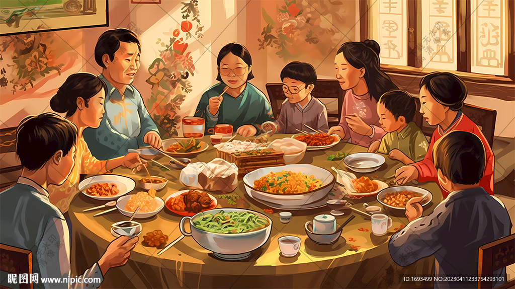 阖家团圆团圆饭手绘插画年夜饭