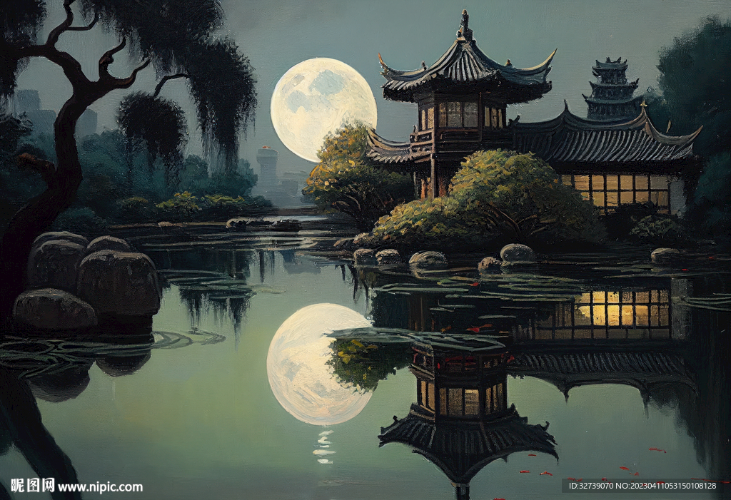 当代油画 园林月影