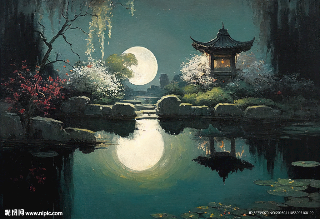 当代油画 园林月影