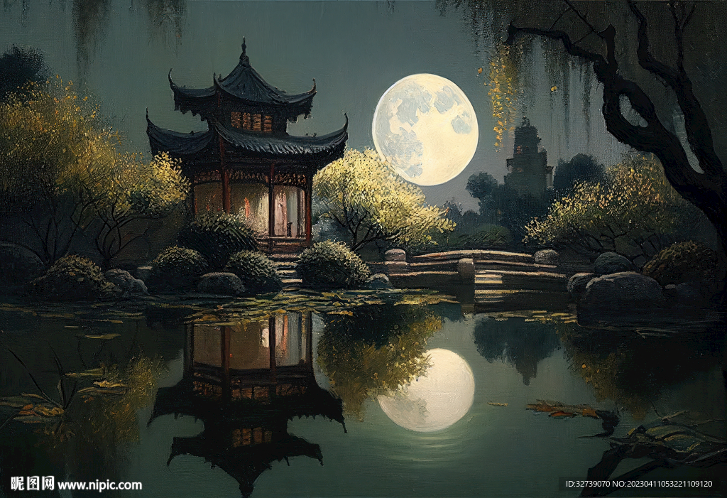 当代油画 园林月影