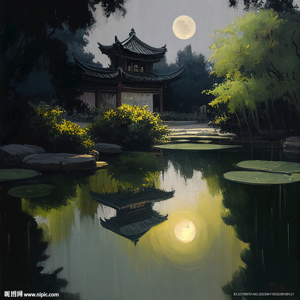 当代油画 园林月影