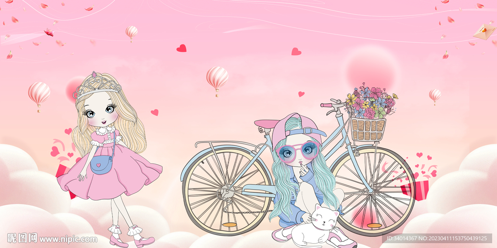 卡通粉红色少女背景墙