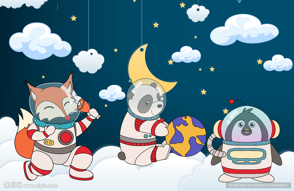 卡通动物宇航员背景墙