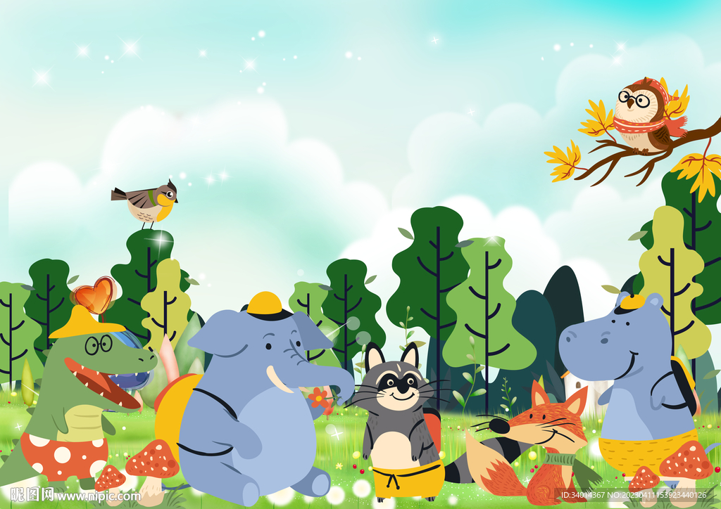 卡通儿童房鳄鱼海马大象背景