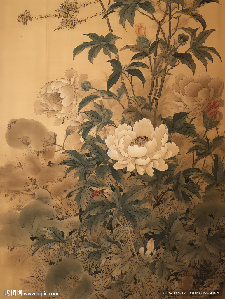 复古工笔画牡丹