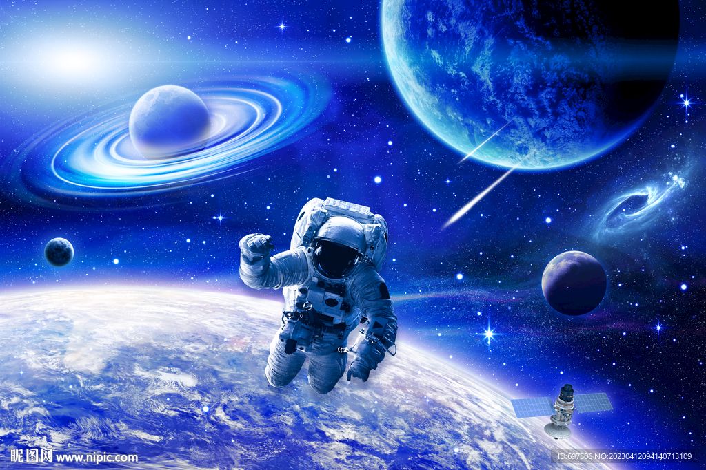 蓝色太空星球宇航员银河星空背景