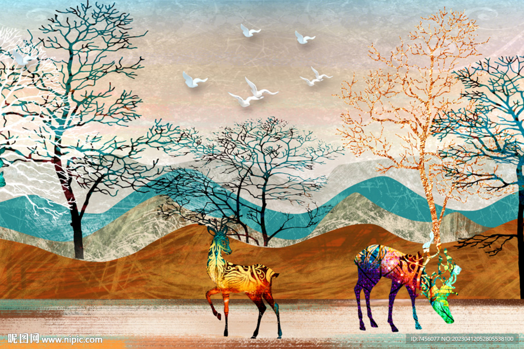 水彩麋鹿山脉树林挂画装饰画