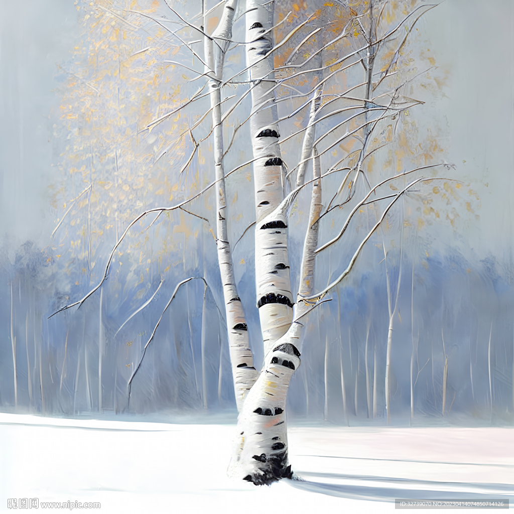 油画 雪中的白桦树