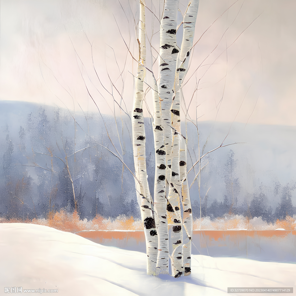 油画 雪中的白桦树