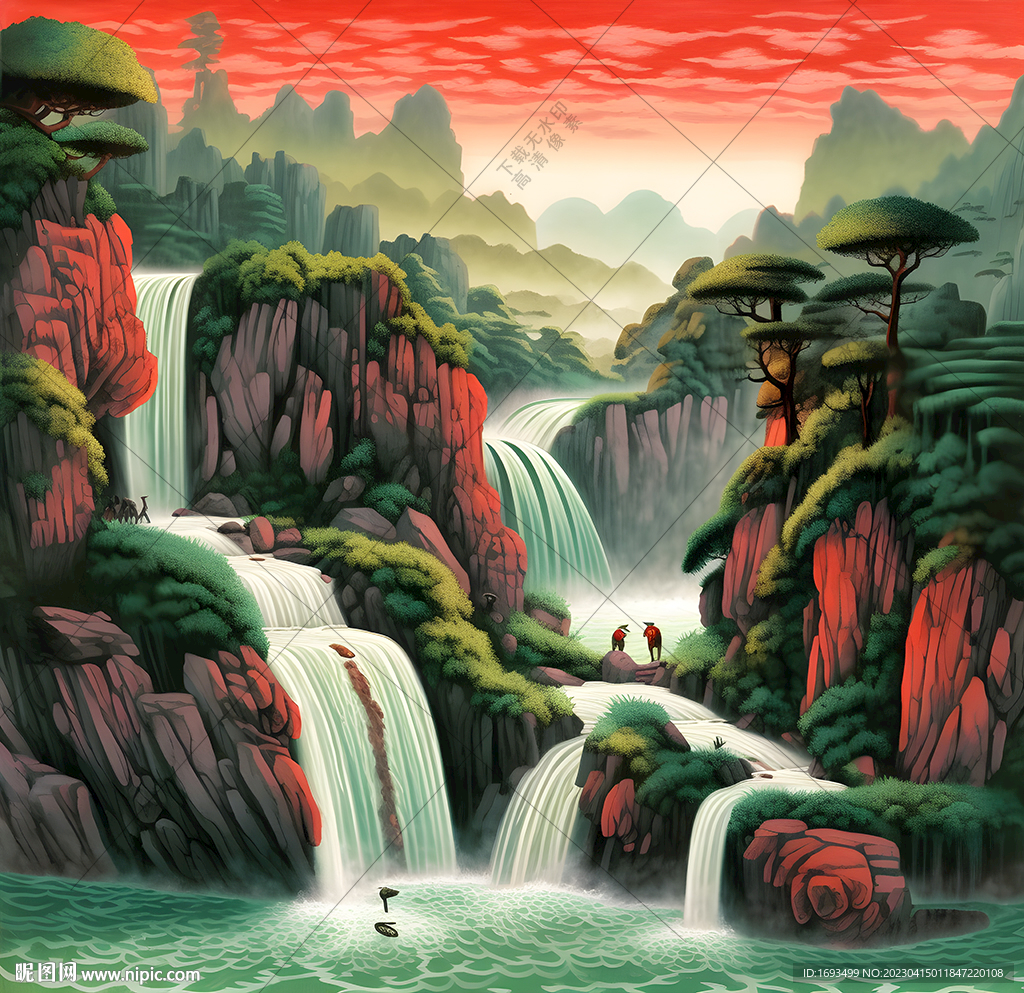 源远流长瀑布山水国画松鹤延年图