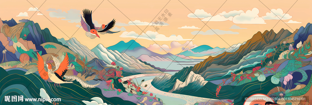 意境国潮风山水中国风山水画