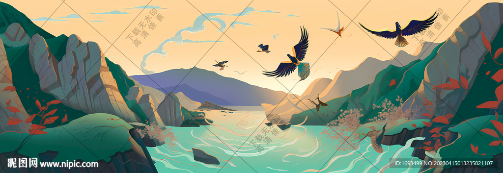 国潮山水画背景