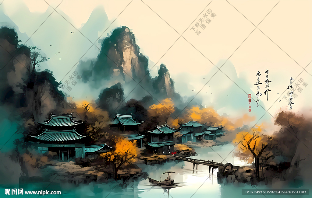 山村风情前台大厅水墨山水装饰画