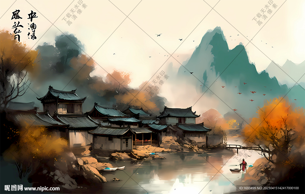 新中式水墨徽派建筑山水画装饰画