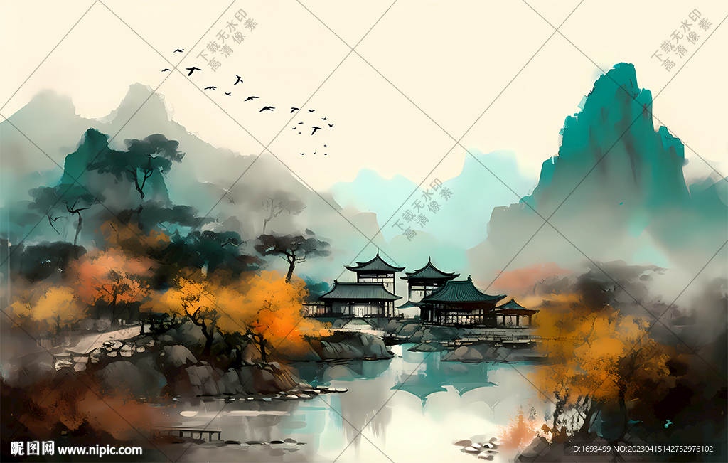 大气江南水乡水彩油画装饰画